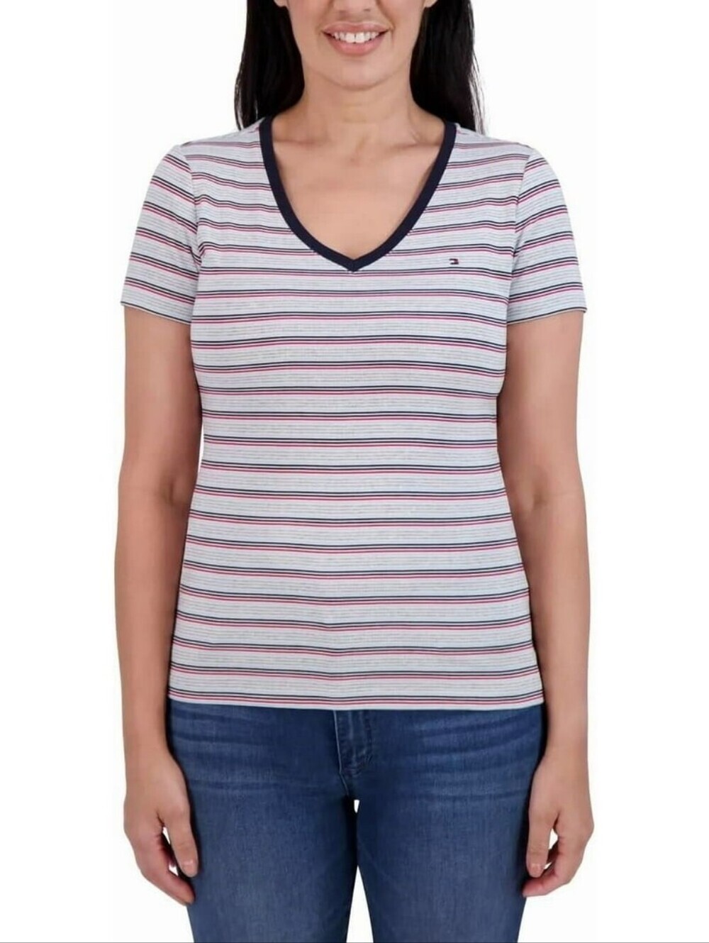 NWT Tommy Hilfiger Women's Striped V-Neck Tee T-Shirt Gray Blue Red White Medium - Picture 10 of 16
